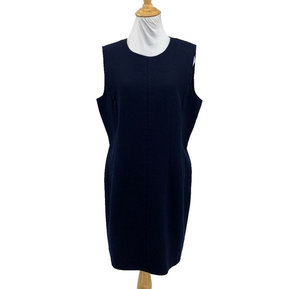 Lafayette 148 New York Dress Womens 12 Navy Wool Sleeveless Zip Back Sheath Mini